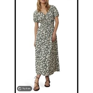 Marine Layer Emery Poplin Midi Dress Smocked Waist/Puff Sleeves Green/White S